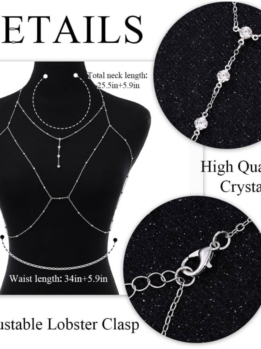 Sparkly Beads Bra Chain Silver Crystal Chest Chains Rhinestone Layered Sexy Nigh - Picture 2 of 7